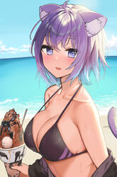  ahoge animal_ear_fluff animal_ears beach bikini black_bikini breasts cat_ears cat_tail commentary day female food highres hololive ice_cream large_breasts looking_at_viewer nekomata_okayu ocean oerba_yun_fang outdoors purple_eyes purple_hair shirokuma_1231 solo strap_gap swimsuit tail upper_body virtual_youtuber 