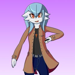  1:1 2020 alyx_(cobra0281) blue_hair clothing coat cobra0281 female gardevoir generation_3_pokemon hair nintendo not_furry open_mouth orange_eyes pokeball pokemon pokemon_(species) purple_background shiny_pokemon simple_background solo topwear trenchcoat 