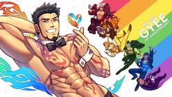  6+boys abs absurdres alternate_costume anniversary bara bare_pectorals beard bouquet bow bowtie character_request detached_collar facial_hair finger_heart flower formal goatee grin gyee highres holding holding_bouquet large_pectorals lee_(gyee) lgbt_pride looking_at_viewer male_focus mature_male miles_(gyee) multiple_boys muscular muscular_male niko_(na_insoo) nipples oneirio open_clothes open_shirt pectoral_cleavage pectorals priapus priapus_a._tarou rainbow_gradient rand_(gyee) revealing_clothes short_hair smile stomach vundo_(gyee) wrist_cuffs 