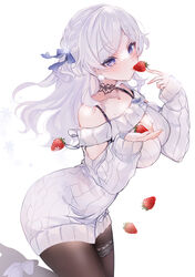  bare_shoulders black_choker blue_eyes blue_ribbon braid breasts brown_pantyhose chiyuki_anekawa choker cleavage collarbone commentary_request dress female food from_side fruit hair_ornament hair_ribbon hands_up highres holding holding_food indie_virtual_youtuber large_breasts leaning_forward long_hair long_sleeves looking_at_viewer mole mole_on_breast mole_under_mouth pantyhose ribbed_sweater ribbon simple_background sleeves_past_wrists smile snowflake_hair_ornament solo strawberry sweater sweater_dress virtual_youtuber white_background white_hair yukimiya_yuge 