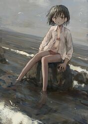  bad_id bad_twitter_id bikini black_eyes black_hair collared_shirt dress_shirt female highres long_sleeves ocean open_clothes open_mouth open_shirt original outdoors rock shion_(mirudakemann) shirt shore short_hair sitting sitting_on_rock soaking_feet solo swimsuit water waves white_shirt 