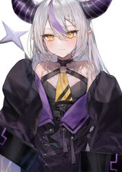  6665_roku bare_shoulders black_dress black_jacket blush closed_mouth demon_horns dress female grey_hair hair_between_eyes highres hololive horns jacket la+_darknesss la+_darknesss_(1st_costume) long_hair long_sleeves looking_at_viewer multicolored_hair open_clothes open_jacket pointy_ears purple_hair simple_background sleeveless sleeveless_dress sleeves_past_fingers sleeves_past_wrists solo streaked_hair upper_body virtual_youtuber white_background yellow_eyes 