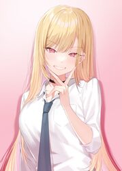  absurdres bad_id bad_twitter_id blonde_hair blush breasts chungu collared_shirt dress_shirt female grin highres kitagawa_marin large_breasts long_hair long_sleeves looking_at_viewer nail_polish necktie red_eyes school_uniform shirt smile solo sono_bisque_doll_wa_koi_wo_suru white_shirt 