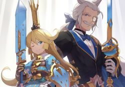  1boy animal_ears armor blonde_hair blue_bow blue_eyes bow bowtie breastplate charlotta_(granblue_fantasy) erune facial_hair female granblue_fantasy harvin hinami_(hinatamizu) holding holding_sword holding_weapon long_hair md5_mismatch monocle moustache one_eye_closed pointy_ears ponytail sevastian_(granblue_fantasy) smile sword tall_crown upper_body weapon white_eyes white_hair 