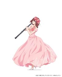  aria_(manga) azusa_mclaren collarbone commentary_request copyright_name copyright_notice dress female floral_print flower full_body hair_flower hair_ornament hands_up highres holding holding_instrument instrument long_dress long_hair music oboe off-shoulder_dress off_shoulder pink_dress pink_flower playing_instrument print_dress red_flower red_hair simple_background smile solo standing standing_on_one_leg strapless strapless_dress tiptoes toe_cleavage white_background white_footwear 