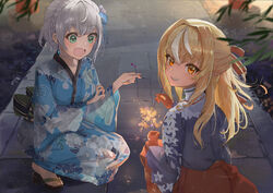  2girls alternate_hairstyle blonde_hair blue_kimono blurry blurry_foreground bow breasts brown_eyes commentary_request dark-skinned_female dark_skin elf evening fireworks floral_print from_behind gloves green_eyes grey_hair grin hair_up hairbow high_collar highres holding holding_fireworks hololive japanese_clothes kimono large_breasts leaf long_hair looking_at_viewer looking_back looking_down multicolored_hair multiple_girls onbashira open_mouth path pointy_ears print_kimono red_bow red_gloves sanada_keisui sandals senkou_hanabi shadow shiranui_flare shiranui_flare_(new_year) shirogane_noel shirogane_noel_(new_year) smile sparkler squatting stone_walkway streaked_hair virtual_youtuber wide-eyed wide_sleeves yukata 