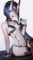  absurdres bare_shoulders bob_cut breasts collarbone commentary eyeliner fate/grand_order fate_(series) female headpiece highres hiyaori_(hiyahiyaval) horns japanese_clothes kimono long_sleeves looking_at_viewer makeup navel oni open_mouth purple_eyes purple_hair purple_kimono revealing_clothes short_hair shuten_douji_(fate) skin-covered_horns small_breasts smile solo wide_sleeves 