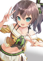  absurdres black_bow black_legwear black_shirt bow brown_hair camisole cat_hair_ornament collarbone commentary crop_top double_v female gradient_background green_eyes grey_background hair_ornament hand_up highres hololive long_hair looking_at_viewer miniskirt natsuiro_matsuri natsuiro_matsuri_(1st_costume) navel off-shoulder_shirt off_shoulder open_clothes open_mouth open_shirt pinstripe_camisole pinstripe_pattern ringlets sanada_keisui shirt side_ponytail simple_background skirt solo spaghetti_strap striped striped_bow v virtual_youtuber white_background yellow_shirt 