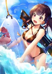  beach bikini black_bikini blue_sky blush breasts bullpup cloud commentary_request day female girls&#039;_frontline groin gun hair_ribbon highres hyonee large_breasts long_hair navel ocean one_side_up open_mouth outdoors purple_hair red_eyes revision ribbon rifle sidelocks sky sniper_rifle solo splashing stomach swimsuit thighs very_long_hair wa2000_(girls&#039;_frontline) walther walther_wa_2000 weapon weapon_on_back 