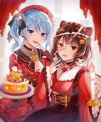  2girls :3 adapted_costume alternate_costume animal_ears ascot bad_id bad_twitter_id bandages beret black_cat black_choker blood blood_on_bandages blue_eyes blue_hair brown_eyes brown_gloves brown_hair buttons cake candle candlestand cat_hair_ornament choker corset dog_ears dog_girl double-breasted dress feline finger_to_mouth fingers_to_mouth food ghost_hair_ornament gloves hair_ornament halloween hat heterochromia highres holding holding_candle holding_plate hololive hoshimachi_suisei hoshimachi_suisei_(1st_costume) icing inui_toko jack-o&#039;-lantern jack-o&#039;-lantern_hair_ornament japanese_clothes jewelry kimono looking_at_viewer loose_bandages maid_headdress multiple_girls nail_polish necklace nijisanji obi oerba_yun_fang open_mouth partially_fingerless_gloves pendant_choker plaid plaid_dress plate ponigiri12 red_dress red_eyes red_kimono red_nails sash scrunchie side_ponytail sitting spider_web_hair_ornament star_(symbol) star_in_eye star_necklace symbol_in_eye torn_curtains tsurime virtual_youtuber wavy_hair wide_sleeves 