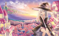  black_robe blue_eyes blush braid broom broom_riding commentary_request elaina_(majo_no_tabitabi) feet_out_of_frame female harada_haruki hat highres looking_at_viewer majo_no_tabitabi outdoors robe scenery scroll shirt solo sunset white_shirt witch witch_hat 