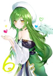  angel_wings blush brown_eyes closed_mouth commentary_request feathered_wings female gabriel_(monster_strike) green_hair hat heart highres hoerutarou long_hair looking_at_viewer monster_strike off_shoulder smile solo very_long_hair white_hat wings 