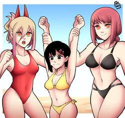  3girls armpits arms_up bikini black_bikini black_eyes black_hair breasts brown_hair chainsaw_man cleavage cowboy_shot cross-shaped_pupils demon_horns derivative_work hair_between_eyes hair_ornament hairclip height_difference higashiyama_kobeni highres horns kermittend makima_(chainsaw_man) medium_breasts multiple_girls navel one-piece_swimsuit open_mouth orange_eyes photo-referenced power_(chainsaw_man) red_hair red_horns red_one-piece_swimsuit ringed_eyes sharp_teeth signature swimsuit symbol-shaped_pupils teeth yellow_bikini 