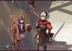  2b_(nier:automata) 2girls android artist_name black_blindfold black_gloves black_hair black_hairband black_legwear blindfold breasts brown_hair cleavage cleavage_cutout closed_mouth clothing_cutout cosplay covered_eyes crossover fate/grand_order fate_(series) gloves grey_hair guilty_gear hairband holding holding_sword holding_weapon horns ian_olympia ishikawa_yui junkyard_dog_mk_iii long_sleeves looking_at_another mikasa_ackerman mikasa_ackerman_(cosplay) mole mole_under_mouth multiple_girls nier:automata nier_(series) oni outdoors pascal_(nier:automata) pink_eyes plant pod_(nier:automata) purple_eyes red_scarf reverse_grip robot scarf shingeki_no_kyojin short_hair shuten_douji_(fate) signature smile sol_badguy sol_badguy_(cosplay) sword voice_actor_connection weapon wide_sleeves yuuki_aoi 