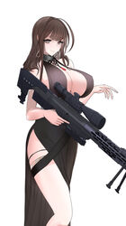  anti-materiel_rifle black_dress bolt_action breasts brown_hair bullpup cleavage dress dsr-50 dsr-50_(girls&#039;_frontline) dsr-50_(highest_bid)_(girls&#039;_frontline) female girls&#039;_frontline gun highres holding holding_gun holding_weapon huge_breasts long_hair looking_at_viewer official_alternate_costume revealing_clothes rifle sleeveless sleeveless_dress smile sniper_rifle solo swavigg thighs weapon 