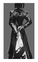  1boy arms_behind_back chinese_clothes facing_away fate/grand_order fate_(series) framed from_behind grey_background greyscale holding holding_behind_back long_sleeves male_focus monochrome sei_8220 solo standing sword tai_gong_wang_(fate) weapon 