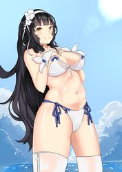  absurdres bikini black_hair blue_bow blue_sky blunt_bangs bow bow_bikini breast_hold breast_suppress breasts bridal_gauntlets chinese_commentary cleavage closed_mouth cloud commentary_request cowboy_shot day female flower from_below from_side front-tie_bikini_top front-tie_top girls&#039;_frontline groin_tendon hair_flower hair_ornament hair_ribbon hairband hands_on_own_chest highres horizon hsubo lace lace-trimmed_bikini lace_trim legs_apart lens_flare light_smile long_hair looking_at_viewer medium_breasts multi-strapped_bikini navel ocean outdoors parted_bangs ribbon see-through shiny_skin side-tie_bikini_bottom sideboob sideways_glance simple_background sky smile solo standing stomach sun swimsuit thick_thighs thighhighs thighs type_95_(girls&#039;_frontline) type_95_(summer_cicada)_(girls&#039;_frontline) very_long_hair water wavy_hair white_bikini white_flower white_hairband white_ribbon white_thighhighs yellow_eyes 