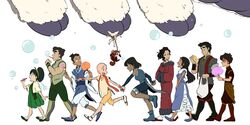  4girls 5boys aang absurdres alternate_costume anniversary appa asami_sato avatar:_the_last_airbender avatar_legends bag bald biceps black_hair blowing_bubbles bolin boots brown_hair bubble coat cotton_candy dango dark_skin dress eating elbow_gloves everyone food fur_trim gloves hair_ornament hairpin highres katara korra li_cree long_hair looking_at_another mako_(avatar) momo_(avatar) multiple_boys multiple_girls open_mouth pabu_(avatar) pointing scar short_hair simple_background sleeveless smile sokka the_legend_of_korra time_paradox toph_bei_fong wagashi walking wristband zuko 