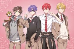  4boys absurdres aho_no_sakata belt black_belt black_cardigan blazer blonde_hair brown_hair brown_jacket brown_pants cardigan glasses grey_hoodie hair_behind_ear hand_in_pocket highres hood hoodie jacket macco male_focus multiple_boys necktie official_art pants purple_hair red_eyes red_necktie senra_(utaite) shima_(utaite) shinkalion_(series) shinkansen_henkei_robo_shinkalion_z shirt_tucked_in smile urashimasakatasen uratanuki utaite v yamadanuki 