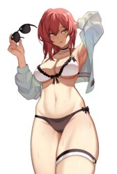  arm_behind_head armpits bikini blush breasts cero_(last2stage) choker cleavage commission female girls&#039;_frontline green_eyes highres jacket korean_commentary long_hair navel official_alternate_costume open_clothes open_jacket pink_hair pixiv_commission r93_(girls&#039;_frontline) r93_(holiday_lucky_star)_(girls&#039;_frontline) side_ponytail simple_background solo sunlight swimsuit unworn_eyewear wet white_background 