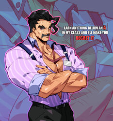  1boy arm_hair bara biceps black_hair collared_shirt crossed_arms facial_hair feet_out_of_frame hairy leather leather_belt looking_at_viewer male_focus manly mature_male moustache muscular muscular_male na_insoo open_clothes open_shirt pants partially_unbuttoned pectoral_cleavage pectorals pokemon pokemon_(game) pokemon_sv shirt short_hair solo teacher_(pokemon) text_focus thick_arms thick_eyebrows upper_body yellow_eyes 