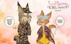  4_fingers bad_guy_cafe blush clothing colt_lasky crown domestic_cat dress duo english_text european_savage_cat eyewear felid feline felis fingers flower glasses headgear lynx mammal military_uniform ocerydia plant sand_fur sarha_solar stripes text uniform yellow_clothing yellow_dress 