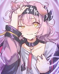  animal_ears arknights asymmetrical_eyes black_bow black_choker black_hairband black_jacket blush bow cat_ears choker clenched_teeth clothes_pull clutching_head collarbone crying crying_with_eyes_open droopy_ears electricity female furrowed_brow goldenglow_(arknights) grey_shirt hairband hairbow hand_on_own_head highres jacket lightning_bolt_print long_hair long_sleeves looking_at_viewer messy_hair open_clothes open_jacket parted_lips pink_hair sher_(imnotsher) shirt shirt_pull solo tears teeth upper_body yellow_eyes 