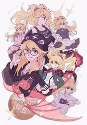  alternate_costume black_legwear blonde_hair blush bow burn_the_witch capelet commentary creature dress eating female floating_hair glasses green_eyes hair_ornament hairclip hara_hikaru hood hoodie jacket long_hair maid multiple_views ninny_spangcole one_eye_closed shirt short_shorts shorts skirt smile thighhighs thighs twintails uniform white_shirt 