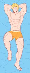  1boy abs absurdres alternate_hairstyle arms_behind_head bad_id bad_twitter_id bara blonde_hair blue_eyes blush boku_no_hero_academia boxers bulge commentary dakimakura_(medium) feraltintinsimp full_body heart heart_in_eye highres large_pectorals male_focus male_underwear messy_hair muscular muscular_male nipples orange_male_underwear pectorals scar short_hair solo stomach symbol-only_commentary symbol_in_eye thick_thighs thighs togata_mirio topless_male underwear underwear_only 