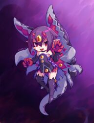  :d artist_name blush_stickers boots chaoschao choker claw_pose claws commentary desco_(disgaea) detached_sleeves disgaea dress extra_eyes female full_body gloves hair_between_eyes horns jitome looking_at_viewer makai_senki_disgaea_4 monster_girl purple_choker purple_dress purple_footwear purple_hair purple_sleeves red_eyes red_gloves red_horns ringed_eyes sharp_teeth short_hair signature simple_background sleeveless sleeveless_dress slit_pupils smile solo tail teeth tentacle thigh_boots upper_teeth_only 