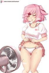  absurdres artist_name ass_visible_through_thighs blush bow bow_panties bra_strap breasts breath cat_symbol closed_eyes clothes_lift collarbone commentary doki_doki_literature_club electric_fan english_commentary fanning_self feet_out_of_frame female groin hair_ornament hair_ribbon highres hot knees_together_feet_apart lifting_own_clothes midriff natsuki_(doki_doki_literature_club) navel oerba_yun_fang open_mouth panties patreon_logo patreon_username pink_hair raion_(raionart) raised_eyebrows red_ribbon ribbon shirt short_hair short_sleeves simple_background skirt skirt_lift small_breasts solo standing steam sweat swept_bangs t-shirt thigh_gap two_side_up underwear very_sweaty white_background white_panties white_shirt x_hair_ornament 