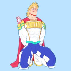  1boy absurdres bara blonde_hair blue_eyes blush bodysuit boku_no_hero_academia bound bound_wrists bulge cape covered_abs feraltintinsimp full_body highres male_focus medium_hair messy_hair muscular muscular_male pectorals red_cape skin_tight solo superhero_costume thick_thighs thighs togata_mirio tongue tongue_out white_bodysuit 