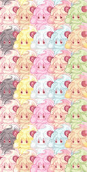  absurdres alcremie alcremie_(caramel_swirl) alcremie_(lemon_cream) alcremie_(matcha_cream) alcremie_(mint_cream) alcremie_(rainbow_swirl) alcremie_(ruby_cream) alcremie_(ruby_swirl) alcremie_(salted_cream) alcremie_(strawberry_sweet) alcremie_(vanilla_cream) alternate_color brown_background closed_mouth commentary_request food fruit heart heart-shaped_pupils highres looking_at_viewer no_humans pikomarie pokemon pokemon_(creature) red_eyes simple_background strawberry symbol-shaped_pupils too_many 