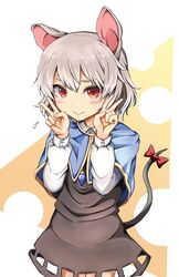  :&gt; animal_ears blue_capelet blush bow capelet cheese_print closed_mouth clothing_cutout commentary cowboy_shot double_v dress female fingernails flat_chest flying_sweatdrops gold_trim grey_dress grey_hair hands_up highres jewelry legs_together long_sleeves looking_at_viewer mouse_ears mouse_tail nazrin nervous_smile pendant puffy_long_sleeves puffy_sleeves red_bow red_eyes short_hair simple_background smile solo symbol-only_commentary tail tail_bow tail_ornament tamasan touhou v white_background 