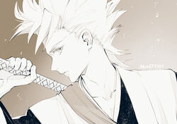  1boy artist_name bleach grey_background haori hitsugaya_toushirou japanese_clothes long_hair looking_at_viewer male_focus maotai monochrome simple_background solo sword sword_behind_back taichou_haori upper_body weapon white_hair 