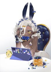  animal_ears callais_de_castellane chair dark-skinned_female dark_skin doughnut dress eating elf female food hair_ornament hairclip highres indie_virtual_youtuber medium_hair nail_polish one_eye_closed pancake pointy_ears self-portrait solo ultracat virtual_youtuber white_dress 