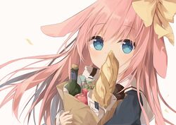  animal_ears apple bag baguette black_jacket blue_eyes blush bottle bow bread brown_background bunny_ears_girl_(kushida_you) commentary covered_mouth female food fruit grocery_bag hair_between_eyes hairbow highres hugging_object jacket kushida_you long_hair long_sleeves looking_at_viewer milk_carton original paper_bag pink_hair rabbit_ears red_apple shopping_bag simple_background sleeves_past_wrists solo upper_body very_long_hair yellow_bow 