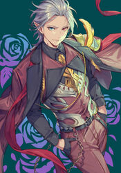  1boy black_shirt blue_eyes collared_shirt commentary_request formal granblue_fantasy grey_hair grimnir_(granblue_fantasy) grimnir_(valentine)_(granblue_fantasy) hair_slicked_back hands_in_pockets heterochromia highres jacket jacket_on_shoulders male_focus pants pointy_ears red_eyes red_pants shirt simple_background smile solo suit tekki_(tki) vest 