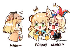  3girls ^^^ ahoge among_us animal_ears bell black_hair blonde_hair blue_eyes blush brown_coat brown_headwear coat color_connection commentary double_bun english_commentary english_text flower fox_ears gloves green_eyes hair_bun hair_color_connection hair_flower hair_ornament hakamii hat highres hololive hololive_english index_finger_raised jester_cap long_hair looking_at_another medium_hair mixed-language_commentary momosuzu_nene momosuzu_nene_(old_design) multicolored_hair multiple_girls necktie omaru_polka omaru_polka_(1st_costume) open_clothes open_coat open_mouth pink_hair pointing pointing_at_self purple_eyes rectangular_mouth red_gloves red_necktie shirt simple_background streaked_hair sweatdrop twitter_username two_side_up upper_body virtual_youtuber watson_amelia watson_amelia_(1st_costume) white_background white_shirt 