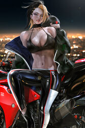  abs akali bangs banned_artist bare_shoulders bikini bikini_top black_bikini black_hair blonde_hair breasts choker cleavage ear_piercing earrings female grin ground_vehicle halterneck helmet jacket jacket_over_shoulder jacket_removed jewelry k/da_(league_of_legends) large_breasts league_of_legends leaning_back leather leather_pants leg_up lips looking_at_viewer motor_vehicle motorcycle motorcycle_helmet multicolored_hair navel pants piercing race_queen red_lips seductive_smile sitting smile swimsuit the_baddest_akali unzipped zipper zumi_(zumidraws) 