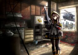  absurdres aircraft armband black_footwear black_gloves black_jacket black_pantyhose black_ribbon black_skirt blood blood_on_clothes blood_stain blouse brown_eyes brown_hair building chinese_commentary closed_mouth commentary_request day death female fingerless_gloves girls&#039;_frontline gloves grey_shirt gun h&amp;k_ump helicopter highres holding holding_gun holding_weapon hood hood_up hooded_jacket jacket kitchen kk90 light_frown light_particles long_hair long_sleeves looking_at_viewer miniskirt neck_ribbon open_clothes open_jacket pantyhose pleated_skirt ribbon scar scar_across_eye scar_on_face sh-60_seahawk shirt shoes skirt solo standing submachine_gun uh-60_blackhawk ump45_(girls&#039;_frontline) weapon window yellow_armband 