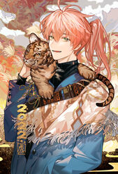  1boy 2022 :d ahoge alternate_costume animal animal_on_shoulder arlizi black_sweater blue_jacket chinese_commentary chinese_zodiac fate/grand_order fate_(series) green_eyes hair_between_eyes hand_in_pocket highres holding holding_animal jacket long_hair long_sleeves looking_at_viewer male_focus new_year open_mouth orange_hair ponytail reeds romani_archaman scarf smile solo sweater tiger tiger_cub turtleneck turtleneck_sweater upper_body year_of_the_tiger 