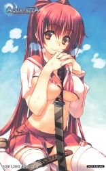  amazuyu_tatsuki asymmetrical_sleeves between_breasts black_panties breasts brown_eyes brown_shoes company_name copyright_name copyright_notice female holding holding_weapon interlocked_fingers kousaka_tamaki large_breasts loafers long_hair long_sleeves looking_at_viewer miniskirt navel non-web_source not_for_sale official_art own_hands_together panties photoshop_(medium) pleated_skirt red_hair red_skirt school_uniform shoes short_sleeves sitting skirt smile solo sweat to_heart_(series) to_heart_2 underboob underwear very_long_hair wariza weapon 