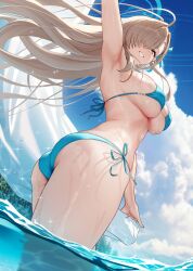  absurdres alternate_costume armpits ass asuna_(blue_archive) bare_shoulders bikini blue_archive blue_bikini blue_eyes blue_ribbon blue_sky blush breasts cleavage commentary_request cover cover_page doujin_cover female grin hair_over_one_eye hair_ribbon halo halterneck highres large_breasts light_brown_hair long_hair looking_at_viewer looking_back ocean presenting_armpit ribbon side-tie_bikini_bottom sideboob sky smile solar_(happymonk) solo string_bikini swimsuit textless_version underboob very_long_hair wading 