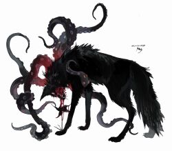  animal_focus artist_name black_fur blood blood_on_flower full_body high_contrast highres kamikiririp no_humans original red_eyes sharp_teeth teeth tentacle white_background wolf 