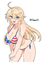  ahoge american_flag american_flag_bikini american_flag_print bikini blonde_hair blue_eyes breasts cleavage cowboy_shot female flag_print hamuno hand_on_own_thigh highres iowa_(kancolle) kantai_collection large_breasts one-hour_drawing_challenge print_bikini side-tie_bikini_bottom simple_background smile solo star-shaped_pupils star_(symbol) swimsuit symbol-shaped_pupils twitter_username white_background 