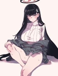  absurdres anygatsby black_hair blue_archive blush breasts female grey_shirt hair_ornament halo highres large_breasts long_hair looking_at_viewer panties red_eyes rio_(blue_archive) shirt sitting solo sweater thighs turtleneck turtleneck_sweater underwear very_long_hair white_panties white_sweater 