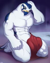  abs anthro avian beak biceps bird clothed clothing corrsk deity digital_media_(artwork) dripping egyptian egyptian_mythology falcon falconid feathers hi_res horus inside male male_anthro middle_eastern_mythology muscular muscular_anthro muscular_male mythology paws pecs solo tail topless towel towel_only water white_body 