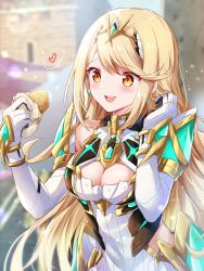  bare_shoulders blonde_hair blurry blurry_background blush breasts chest_jewel cleavage cleavage_cutout clothing_cutout core_crystal_(xenoblade) dress food gloves heart highres hip_vent holding holding_food large_breasts long_hair mythra_(xenoblade) spoken_heart tiara ui_frara upper_body white_dress white_gloves xenoblade_chronicles_(series) xenoblade_chronicles_2 yellow_eyes 