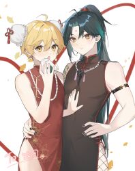  2boys absurdres aether_(genshin_impact) aqua_hair arm_tattoo black_hair blonde_hair brown_dress china_dress chinese_clothes closed_mouth double_bun dress earrings facial_mark food forehead_mark genshin_impact hair_between_eyes hair_bun hair_ornament highres holding holding_food jewelry long_hair male_focus multicolored_hair multiple_boys onigiri open_mouth otoko_no_ko red_dress short_hair tattoo xiao_(genshin_impact) yellow_eyes yuki_(miyuki_kii) 